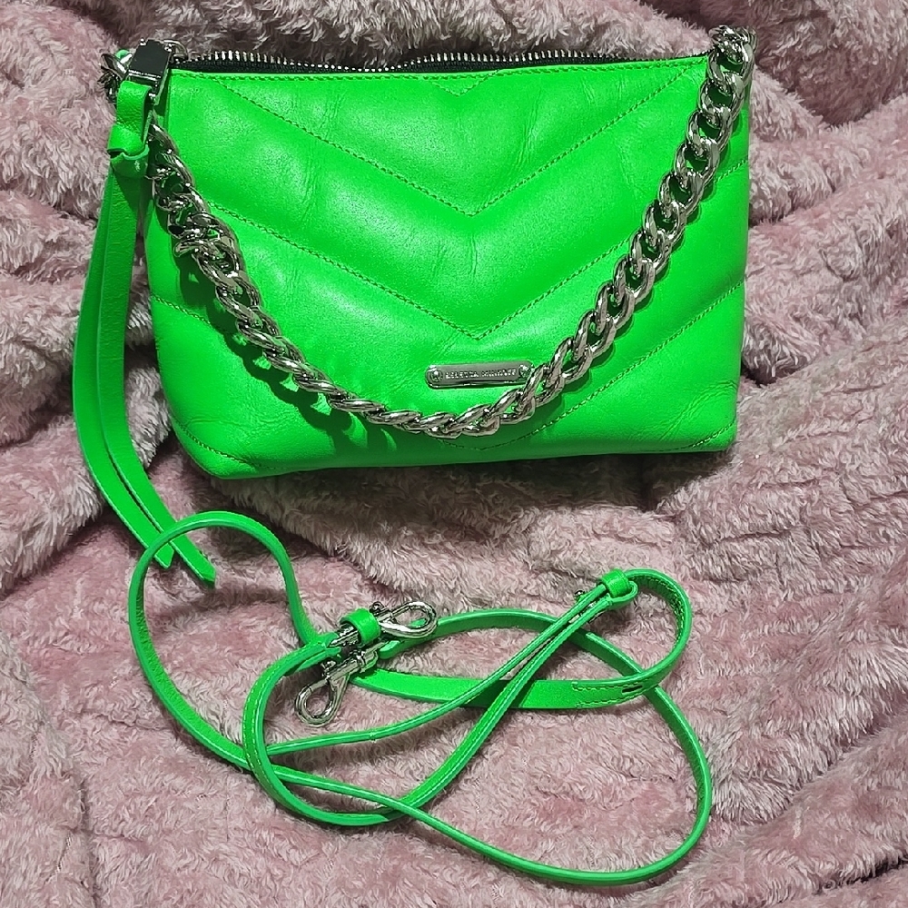 Rebecca Minkoff Neon Green Crossbody Bag with Silver Chain Detail